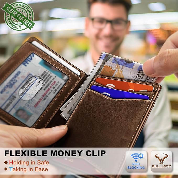 BULLIANT Men Wallet,Top Grain Leather Slim Wallet Magnetic Closure Simplifed Bill Folder RFID Blocking 11Cards