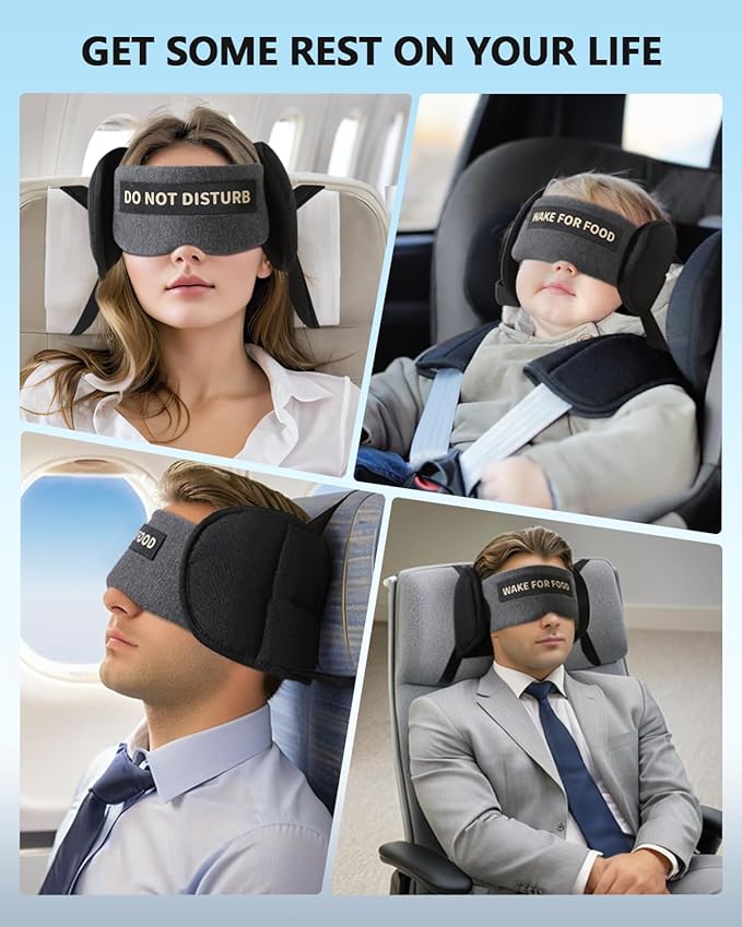 Travel Pillows for Airplanes, Plane Pillow with Eye Mask for Long Flights Sleeping, 360° Support Airplane Head Strap Compact Flight Essentials for Travel Sleep Neck Upright, Stop Bobblehead (Grey)