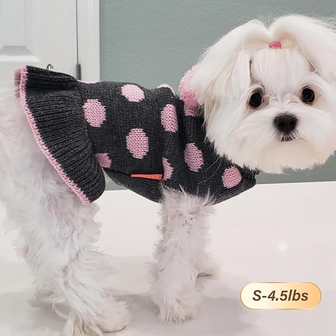 KYEESE Dog Sweater Dress Polka Dot Dog Sweater for Girl with Leash Hole Knit Warm Dogs Clothes with Pom Pom Ball for Fall Winter