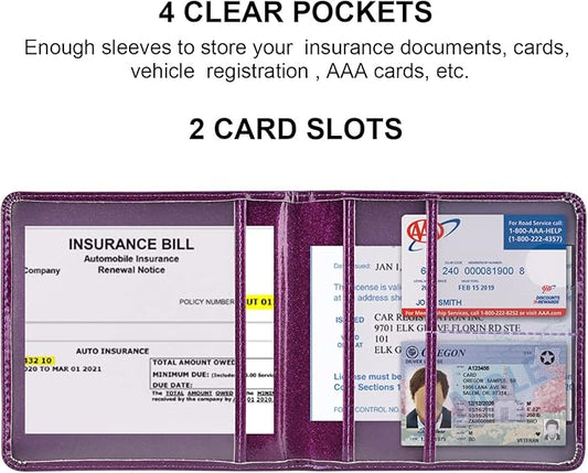 Cacturism Car Registration and Insurance Holder, Vehicle Glove Box Car Organizer Men Women Wallet Accessories Case for Cards, Essential Document, Driver License, Bling Purple