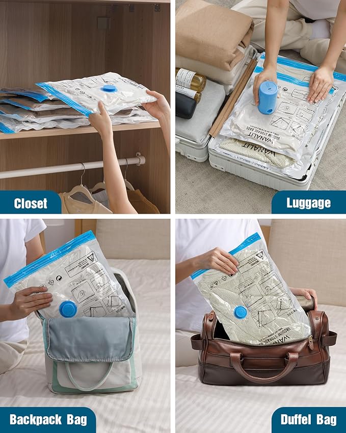 Vacuum Storage Bags for Travel, 8 Pack (4S+4XS) Vacuum Seal Bags with Wireless Rechargeable Electric Pump, Travel Essentials Space Saving Compression Bag for Clothes, Luggage, Suitcase, Backpack, Trip