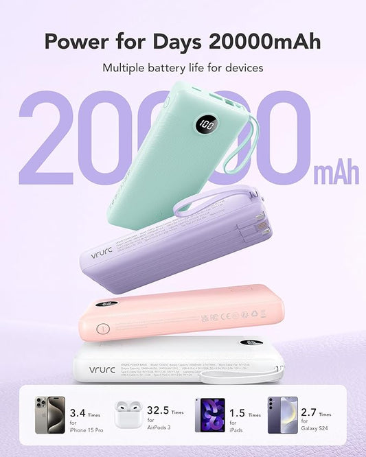 VRURC Portable Charger with Built in Cables 20000mAh, 22.5W Fast Charging USB C Power Bank,LED Display Charging Back with 4 Output 2 Input for iPhone 15/14/13/Pro, Samsung,Android-Purple (1 Pack)