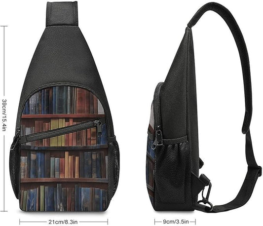SWEET TANG Women Shoulder Chest Sling Bags Backpacks Vintage Library Bookshelf Bookcase, Fashion Casual Pack Crossbody Bags Daypack Multipurpose for Travel Outdoors Running