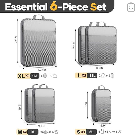 Veken 6/9/11 Set Compression Packing Cubes for Travel Essentials,Compressible Expandable Large Luggage Suitcase Organizer Bags for Clothing,Durable Space Saver Storage Bags(Gray)