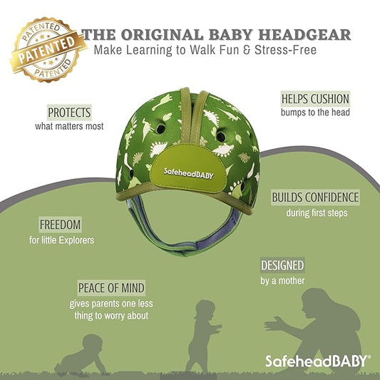 SafeheadBABY Soft Baby Head Protector Helmet for Crawling and Walking 7β24 Months β Ultra-Lightweight & Breathable Infant Safety Helmet That Grows with Your Baby (Head Circ. 40β52 cm) β Dino Green