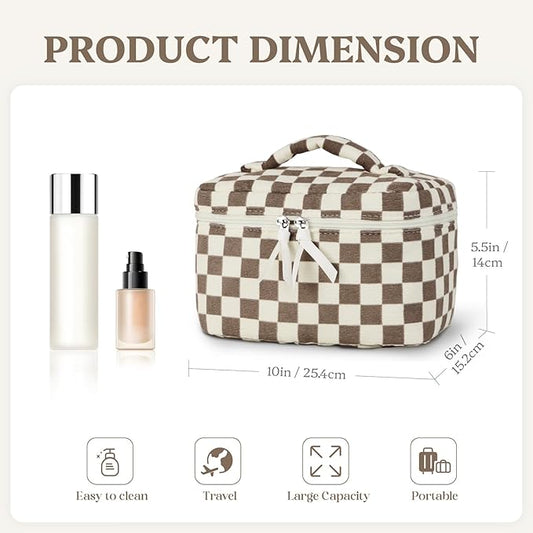 Prite Corduroy Makeup Bag Quilted Makeup Bag Large Floral Cosmetic Bag for Women Cute Travel Toiletry Bag with Handle(Light Checkerboard)