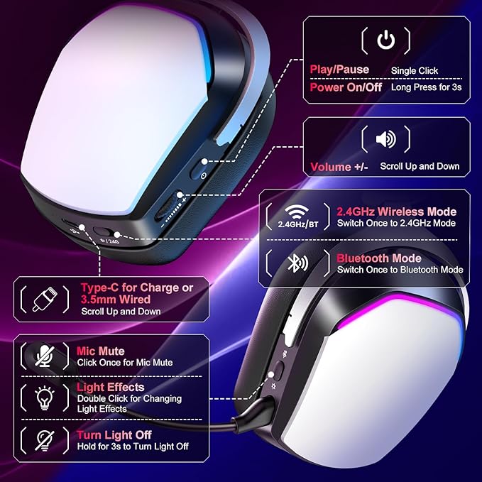 Wireless Gaming Headset for PS5 PS4 PC Mac Switch, RGB Headphones with 7.1 Surround Sound, Bluetooth 5.4, 60H Battery, Noise Canceling Mic & 50mm Drivers