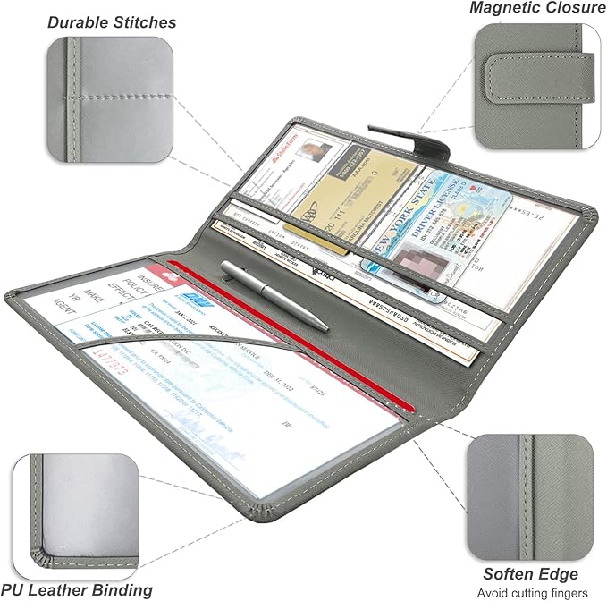 RSAquar Car Registration & Insurance Holder - Leather Glove Box Organizer, Cool Accessories for ID, Driver's License Cards & Essential Documents, Men & Women, Gray