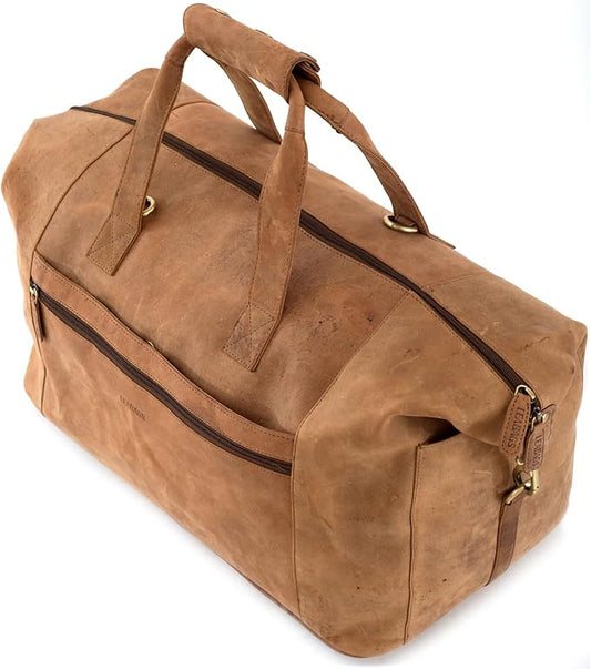 Leabags Leather Weekender | Genuine Leather Premium Travel Bag | 41L Sports Duffle Gym Training Airplane Bag | Large | Natural Light Brown | for Women & Men