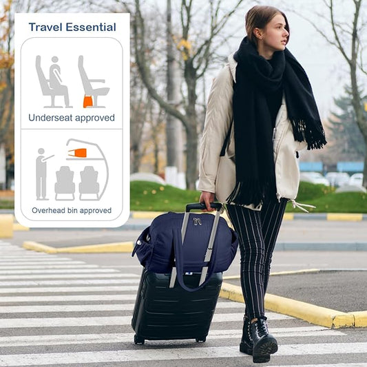 TOPDesign Travel Duffel Bag for Women, Puffer Gym Bag Sports Tote with Wet Pocket, Carry On Weekender with Luggage Sleeve (Navy Blue)