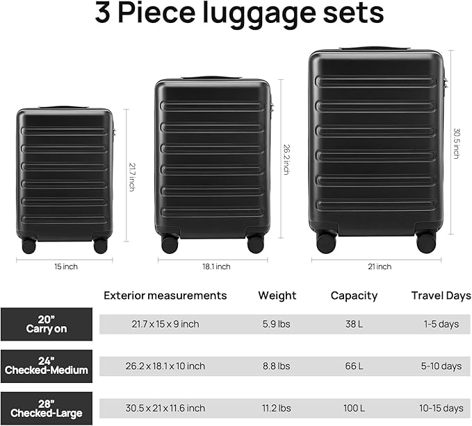 NINETYGO Medium Checked Luggage 24 Inch, Checking In Luggage with Smooth Double Spinner Wheels, Hard Shell PC+ABS Suitcase, Lightweight Travel Luggage, TSA Approved (Black, Andes)