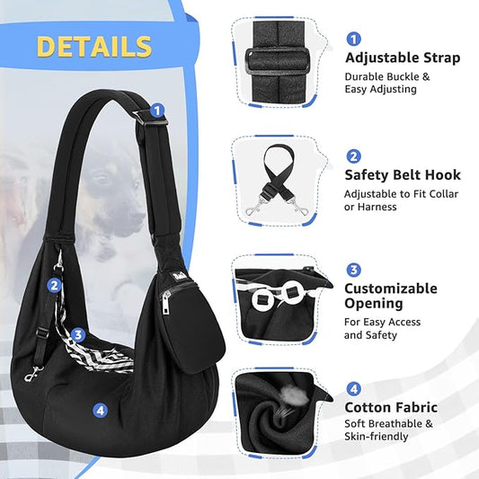 Lukovee Pet Sling, Hand Free Dog Sling Carrier Adjustable Padded Strap Tote Bag, Shoulder Bag with Front Pocket Safety Belt Carrying Small Dog Cat Puppy Machine Washable (Black-WY,S)
