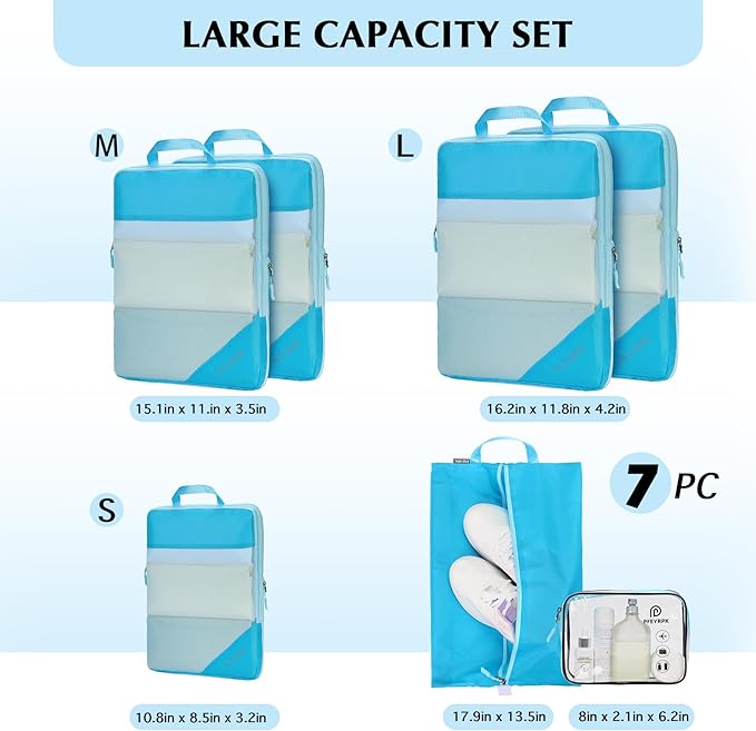 Lightweight Compression Packing Cubes for Suitcases, Compressible Expandable Travel Packing Organizer with Clear Toiletries and Backpack Bag, Travel Essentials for Carry on Luggage 7 Set
