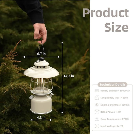 Metal Retro Classic LED Camping Lantern, 6500mAh Rechargeable Battery Last 17-500 Hours Camping Lamp, Large Dimmable Hanging Lantern, Vintage Camping Light with Hook for Courtyard Outdoor Decoration