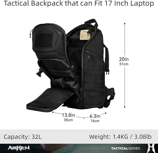 32L Military Tactical Backpack - Rugged Molle Assault Pack Fits 17 Inch Laptop for Survival Hiking Outdoor Travel Work (Black)