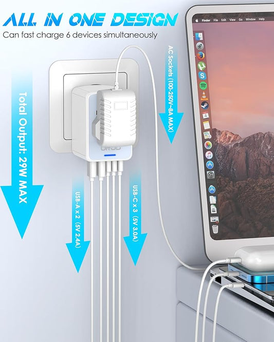 Universal Travel Adapter, 6.0A 5 USB Ports (3 USB C) & 2500W AC Outlet, International Power Plug Adapter Worldwide Travel Wall Charger Multi Plug for Europe UK US AUS (Type C/G/A/I, White)