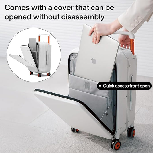 mixi Checked Luggage Wide Handle Luxury Design Rolling Travel Suitcase PC Hardside with Aluminum Frame Hollow Spinner Wheels, with Cover, 24 inch, Smoke White