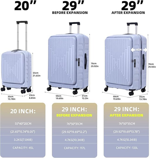 2 Pieces 20/29 Luggage Sets, 20 Inch Cabin Luggage with Front Pocket & 29 Inch Side Opening Suitcase, Ligthweight ABS+PC Hardshell, TSA Lock with HINOMOTO 360° Wheels, Lilac Purple
