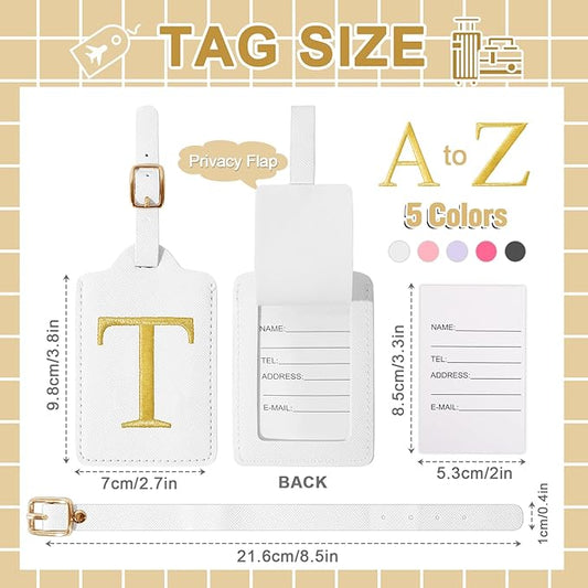 Personalized Initial Luggage Tags for Suitcase TSA Approved, White Leather Cute Luggage Tag with Privacy Cover Name Card, Embroidered Custom Luggage Tags Travel Baggage Tags Gifts for Women Kids(T)