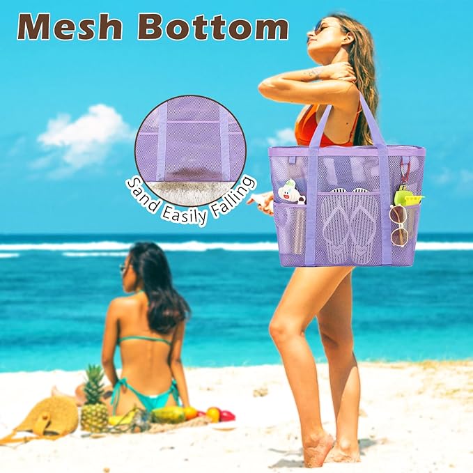 Mesh Beach Bag, Large Beach Tote with Zipper Pocket for Family Pool Bag for Toys & Vacation Essentials