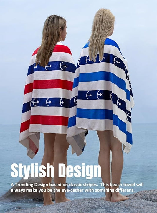 cabanana Large Beach Towel Oversized - Cotton Velour 35 x 70 Inch Anchor Striped Terry Pool Towel, Cabana Soft Swimming Towel for Adults Women Men (Navy Blue)