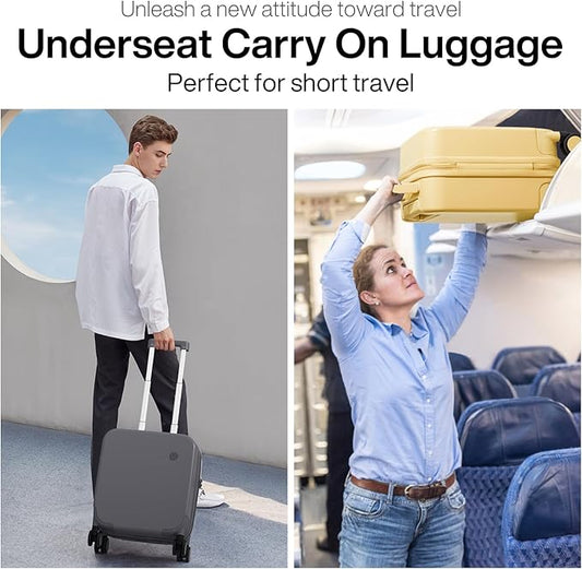 mixi 14 Inch Underseat Luggage Carry on Suitcase Free Boarding Personal Item Suitcases with Spinner Wheels Hardshell Lightweight PC for Short Travel, Rock Gray