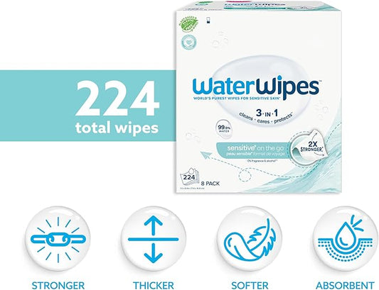 WaterWipes Sensitive+ On The Go Wipes, 3-In-1 Cleans, Cares, Protects, 99.9% Water, Unscented & Hypoallergenic Wet Wipes, 224 Count (8 Packs)