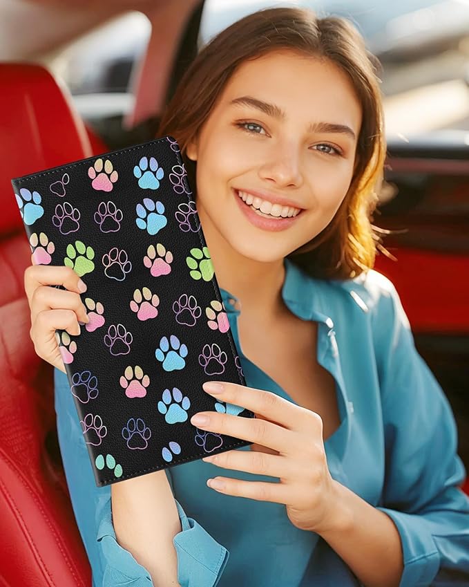 Slohif Car Registration and Insurance Card Holder with Magnetic Shut - Vehicle Glove Box Organizer Women Leather Automobile License Holders Coasters Auto Accessories Case for Document Paw Print
