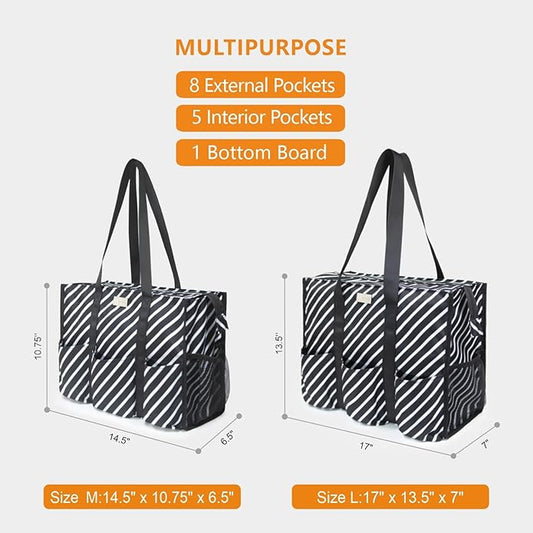 TOPDesign Utility Water Resistant Tote Bag with 13 Pockets, Top Zipper Closure & Thick Bottom Support, for Working Women