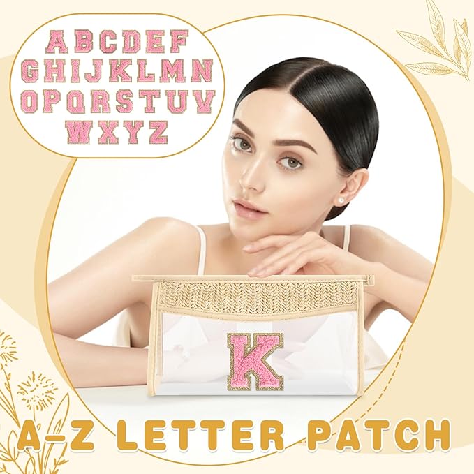 Small Boho Straw Initial Letter Makeup Bag Personalized Gift ,Cute Clear Chenille Patch Makeup Bag With Zipper,Trendy TSA Approved Travel Toiletry Bag,Gift for Women Girls Birthday Friend, Letter K