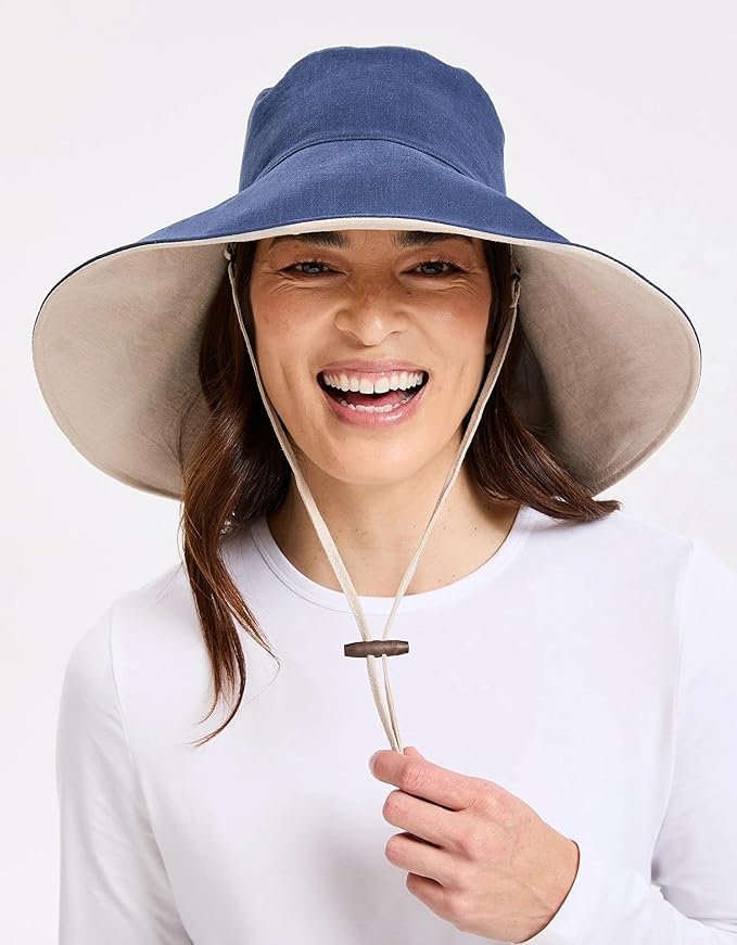Solbari Women’s Ultra-Wide Cotton Linen Sun Hat UPF 50+, Packable, Adjustable with Ponytail Hole for Travel, Beach & Outdoors