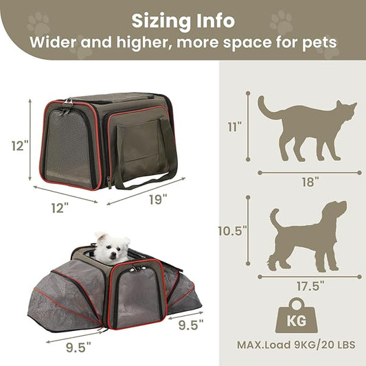 Petsfit 2 Side Expandable Pet Carrier Dog Carrier Cat Carrier for 2 Cats, 19" Lx 12" Wx 12" H, with Soft Cushion, Built-in Safety Rope, Pockets, Fit for Car Travel