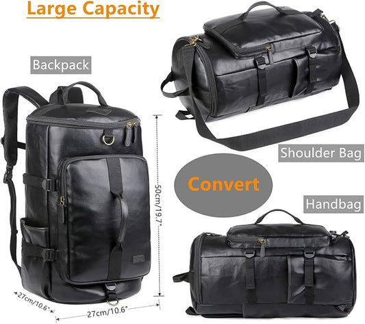 Baosha Stylish Vegan Leather Men Weekender Travel Duffel Tote Bag Backpack Hybrid Travel Hiking Rucksack Overnight Bag Convertible HB-26 (Black)