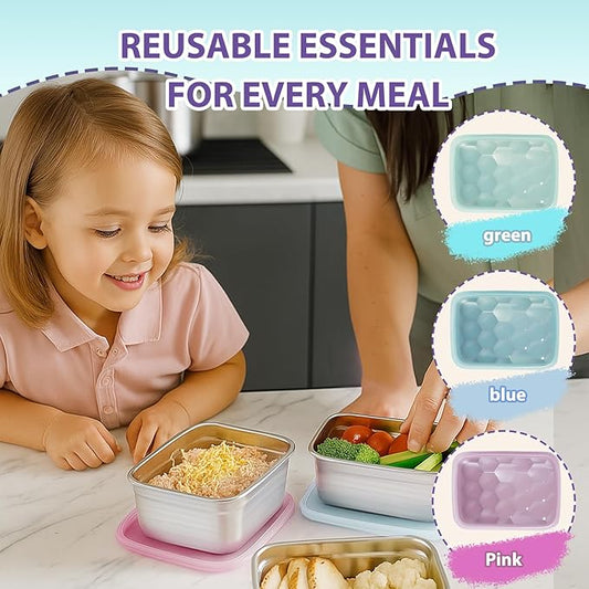3-Pack Stainless Steel Snack Containers for Kids & Toddlers - 550ml (18oz) Leakproof Reusable Food Containers with LFGB Certified Lids | Stackable Metal Lunch Box for Daycare, School, Travel