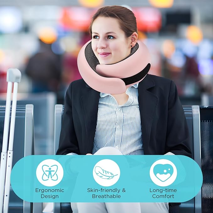 Neck Pillow Airplane,100% Pure Memory FoamTravel Neck Pillow Travel Neck Support Ergonomic &Portable Design Best for Sleeping Plane Car Train Office Flight (Light Pink)
