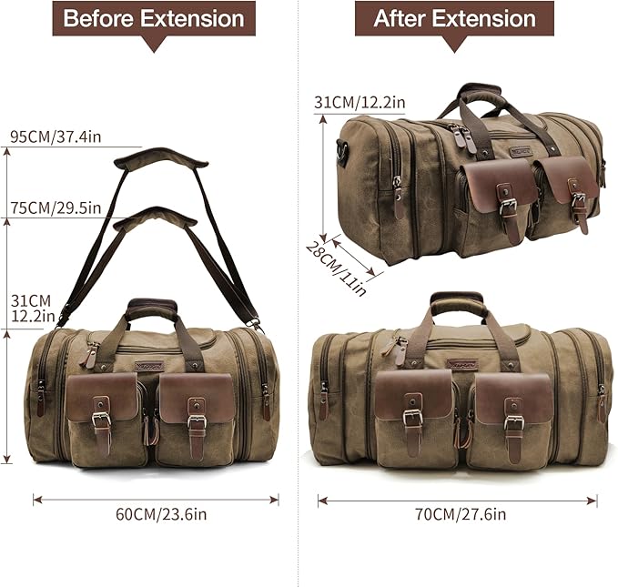 Wildroad 60L Travel Duffel Bag, Expandable Canvas Genuine Leather Duffle Bag Upgraded Overnight Weekender Bag Carry on Bag (Coffee, X Large-60L)