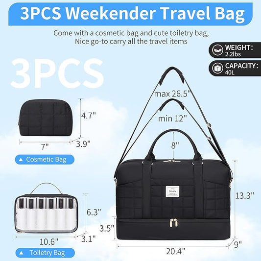 Weekender Bag, Large Travel Duffel Bag for Women, Carry on Overnight Bag with Shoe Compartment and Toiletry Bags
