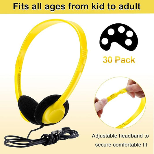 Yunsailing 30 Pack Bulk Headphones Set Over Ear Headphones with Adjustable Headband 3.5mm Plug Headsets Earphones for Learning Program, Computer Lab, Library, Testing & Multimedia Use (Yellow)