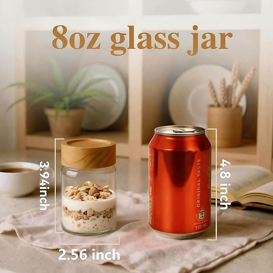 Zoaiirte 2pc Glass Mason Jars with Acacia Wood Airtight Lids - Overnight Oats & Food Storage Container Set, Clear Stackable Leakproof Kitchen Canisters for Meal Prep/Snack Organization/Spice Storage