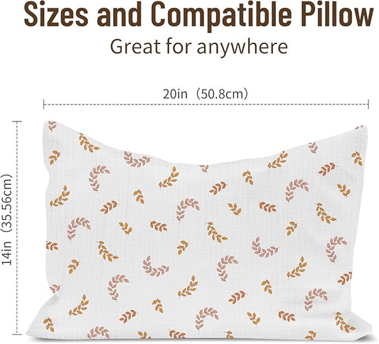 Toddler Pillowcases for 14"x20" Pillow 2 Pack, Muslin Small Toddler Baby Kids Travel Pillow Covers for Boys Girls with Envelope Closure (Brick & Leaf, 14 x 20 Inch)