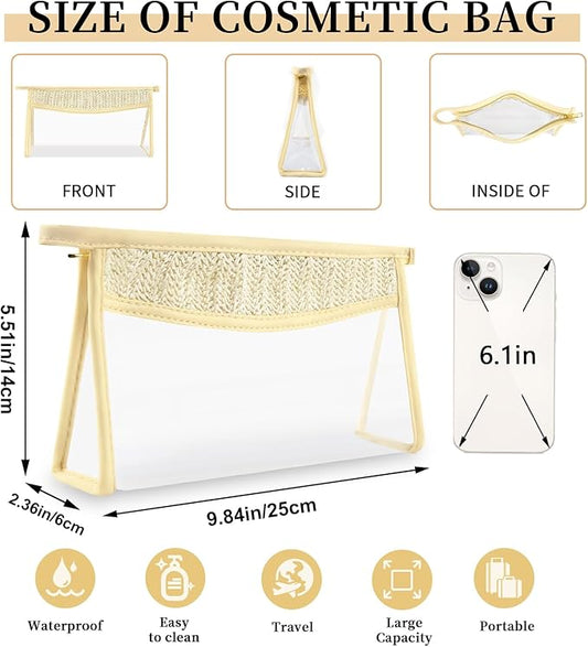 Small Boho Straw Clear Makeup Bags for Women&Girls, Zipper Cosmetic Bag Chenille Varsity Letter Patch Bag, Preppy Cute Toiletry Pouch, Trendy Organizer Storage Pouch for Beach Travel Essentials