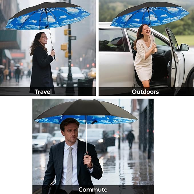 LLanxiry Compact Travel Umbrella, 44" Canopy, Automatic Open/Close Windproof Umbrella, 210T Pongee, 8-Rib Fiberglass, Travel Size Mini, Portable Rain/Sun Umbrellas UPF 50+ with Cover