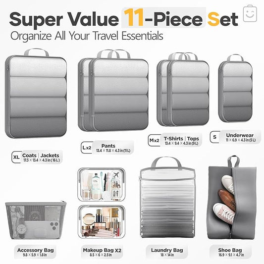 Veken 11 Set Compression Packing Cubes for Travel Essentials,Compressible Expandable Large Luggage Suitcase Organizer Bags for Clothing,Durable Space Saver Storage Bags with Toiletry Bags(Gray)