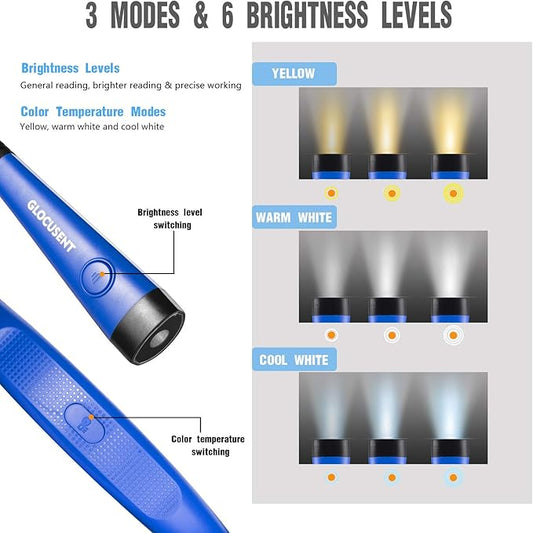 Glocusent Book Light, 3-Color & 6-Brightness Reading Light, Bendable Neck Light, 80-hr Lasting Rechargeable Lamp, Perfect Book Light for Reading in Bed, Knitting, Camping, Repairing, Book Lovers Gifts
