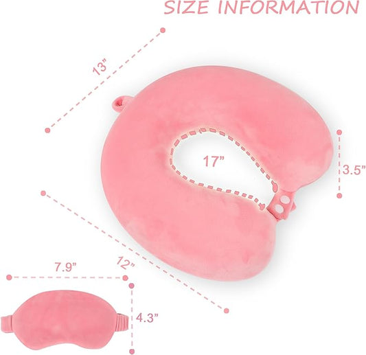 Pure Memory Foam Travel Pillow Set for Adults - Comfortable & Removable Machine Washable Cover, Neck Support Pillow Airplane Travel Kit with Eye Mask for Portable Plane Accessories - Peach Pink