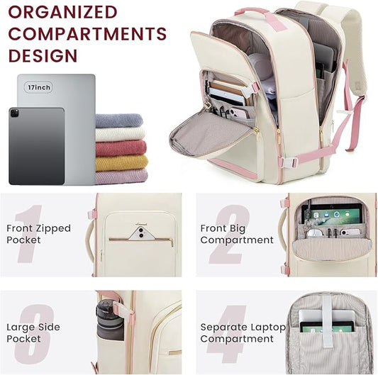LOVEVOOK 40L Large Travel Backpack for Women Men, 17 Inch Carry on Backpack for Traveling on Airplane, Personal Item Travel Bag Airline Approved, Business Causal Weekender Backpack, Beige-Pink