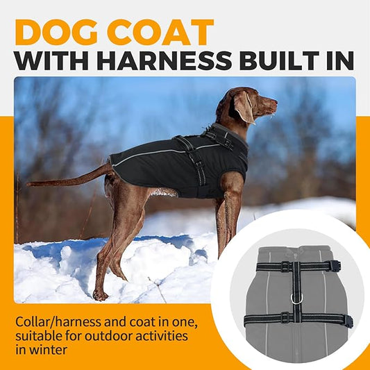 Lelepet Dog Coat for Large Dogs Waterproof Dog Jacket with Harness Built in Reflective Fleece Jacket with Zip Warm Winter Coats for Dogs Cold Weather Thermal Pet Snowsuit, Border Collie, Black, XL