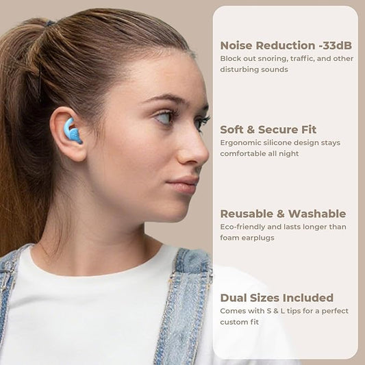 Ear Plugs for Sleeping: Reusable Earplugs for Sleep, Snoring Blocking, Concert, Travel, Airplane, 2 Pairs Washable Soft Silicone Noise Cancelling Ear Plugs (Light Blue)
