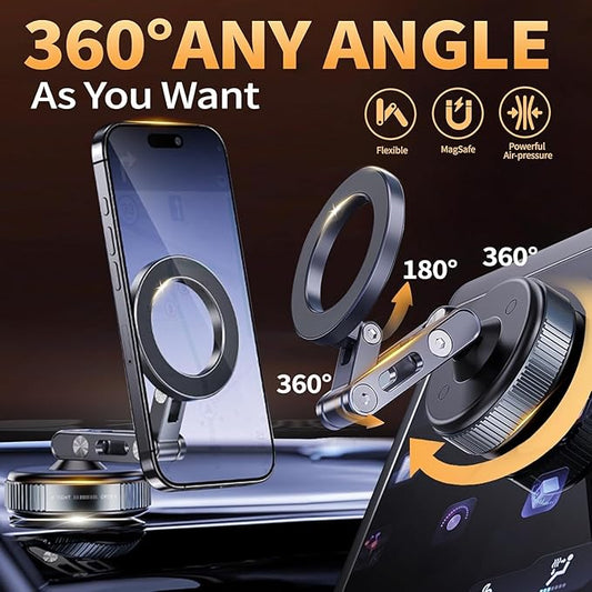 for MagSafe Car Mount â Vacuum Lock Magnetic Phone Holder with Strong Suction Cup, Adjustable Extendable Phone Stand, 360° Rotatable Dashboard & Windshield Mount for iPhone 16 15 14 13 12 Pro Max