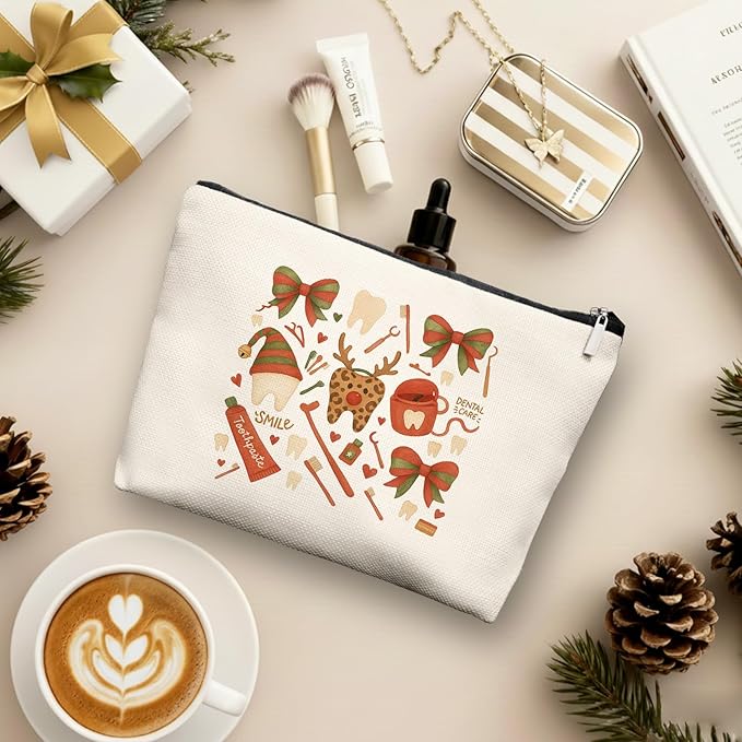 Chirismas Cheetah Smile Dental Care Makeup Bag, Cute Tooth & Bow Cosmetic Pouch for Dental Assistant Hygienist Dentist Gift for Women